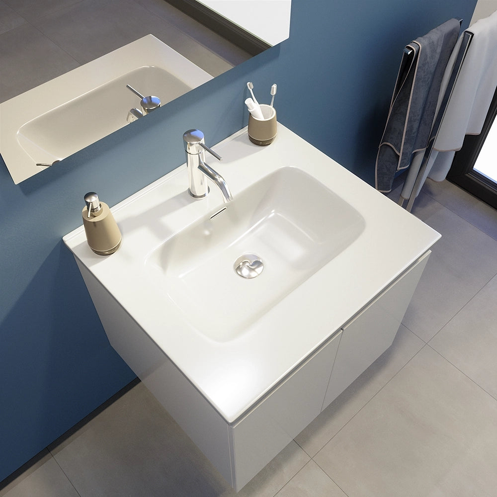 Mobile bagno sospeso 60 cm due ante bianco effetto legno lavabo e specchio | Yili