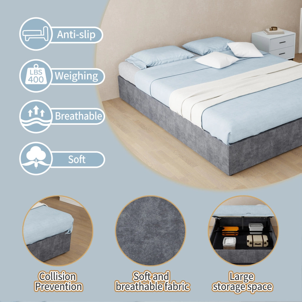 Lit bambino 140 × 200 cm con contenitore pneumatico e testiera cartoon, senza materasso, in tessuto grigio