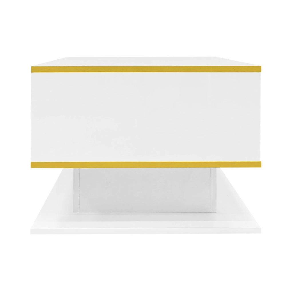 Tavolino da caffè con LED e 3 cassetti 100x50x40 cm in truciolare bianco con dettagli oro