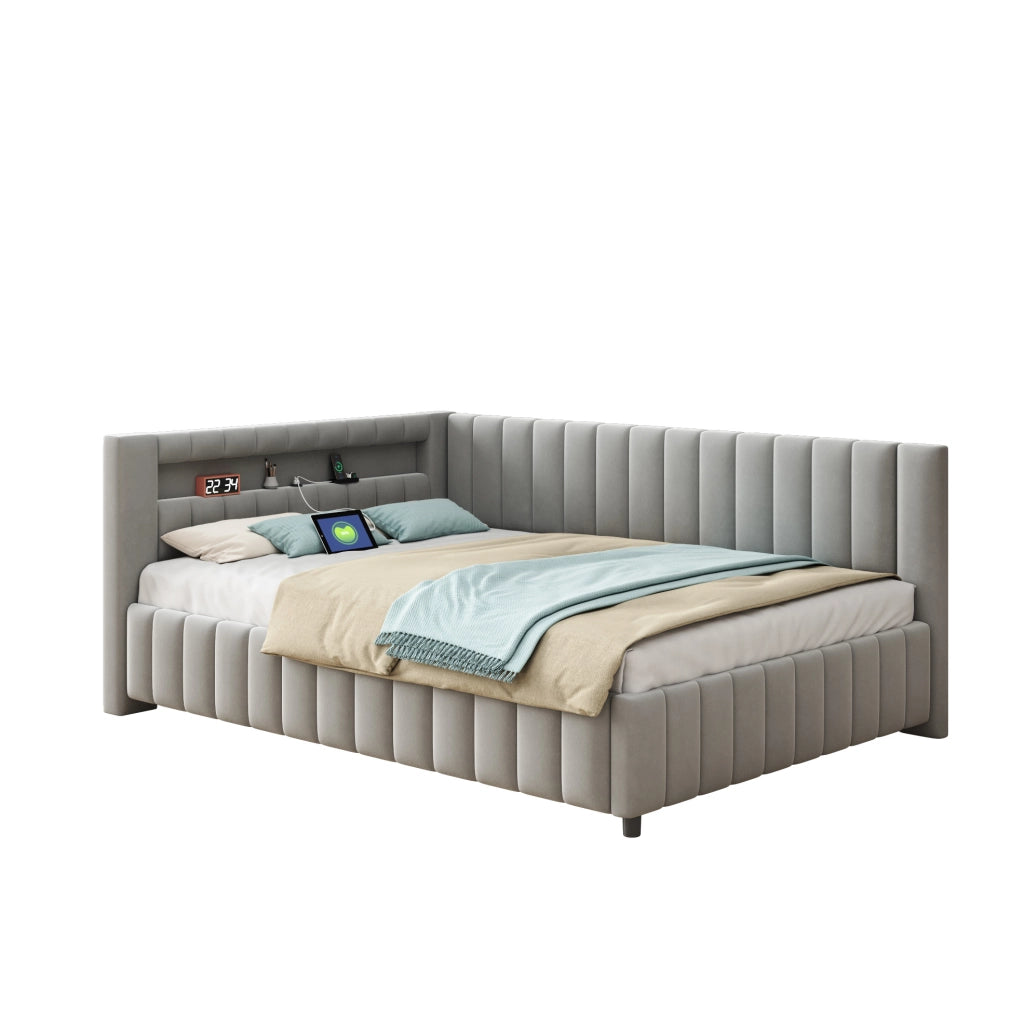 Letto imbottito a L 140x200 cm in velluto grigio con LED e porta USB