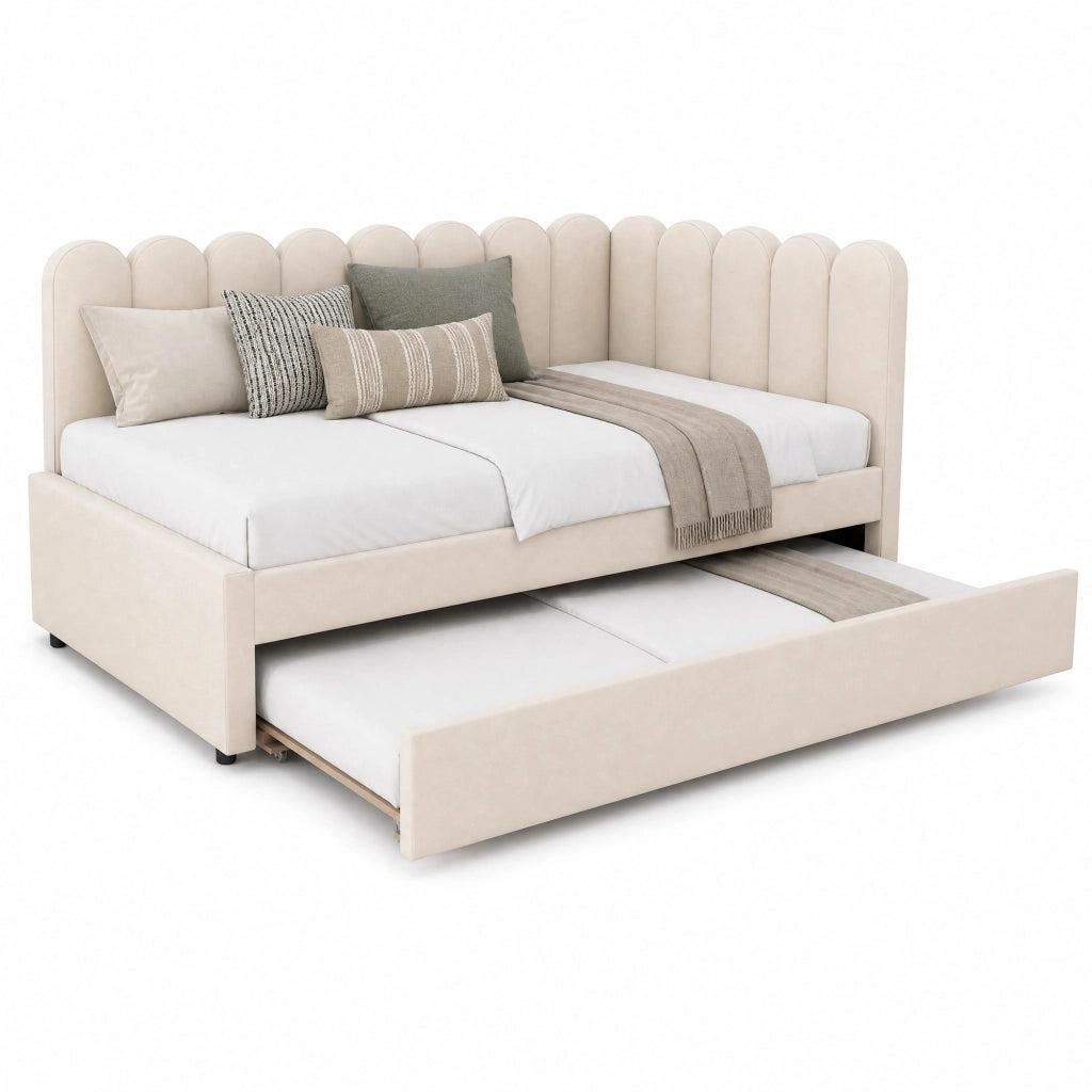 Letto imbottito a L con letto estraibile 140x200 cm in tessuto beige; 205x148x90 cm