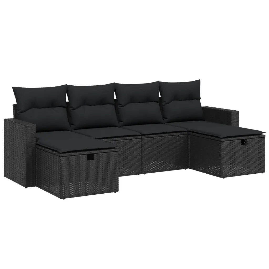 Set Divano da Giardino 6 pz con Cuscini Nero in Polyrattan