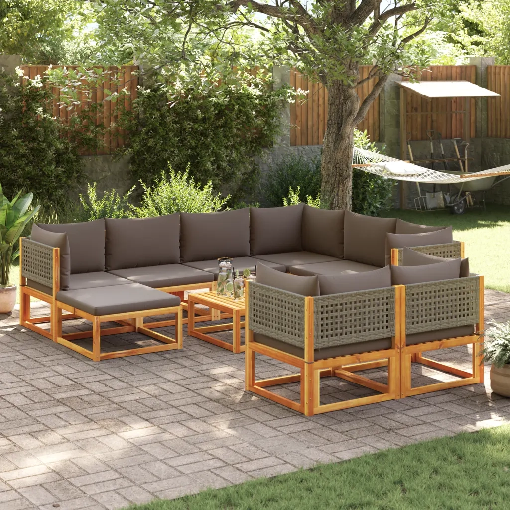 Set di divani da giardino 10 pezzi con cuscini in legno di acacia e rattan