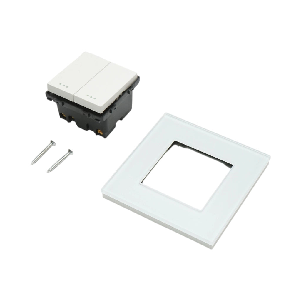 Interruttore doppio, bianco, da incasso, 220V, 16AX, spia luminosa, cornice in vetro 86x86x34mm