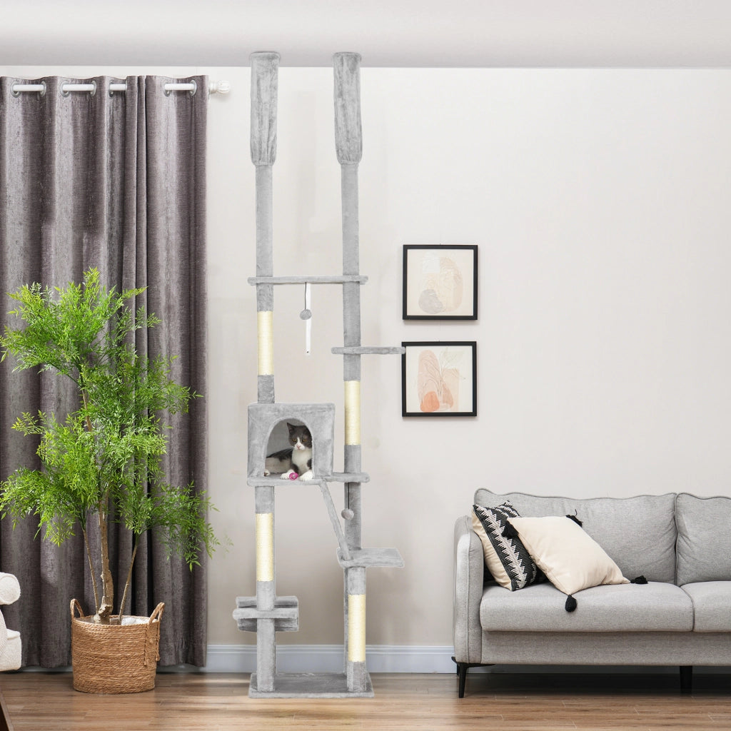 Tiragraffi per gatti a torre ¨C zephmum ¨C grigio chiaro 225-255 cm 6 livelli con nicchia e amaca