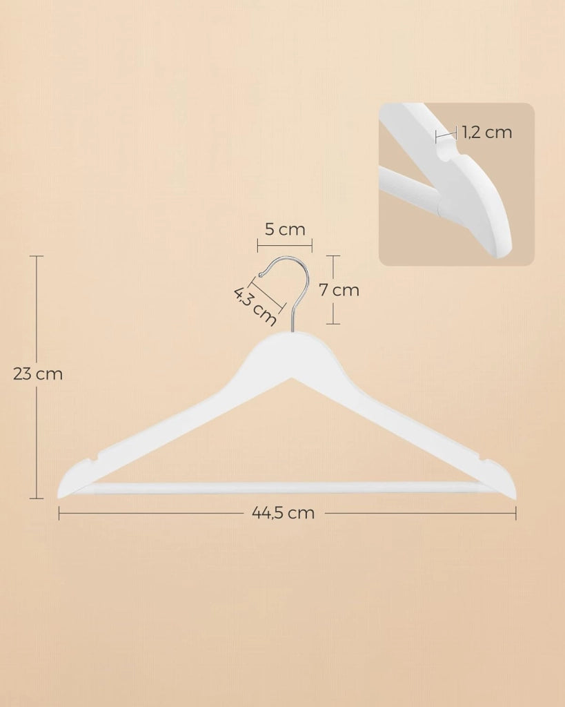 SONGMICS Appendiabiti in legno, 100 pezzi, con tacche antiscivolo, barra antiscivolo per pantaloni, gancio girevole a 360°, per abiti, camicie, cappotti, bianco CRW03W-100