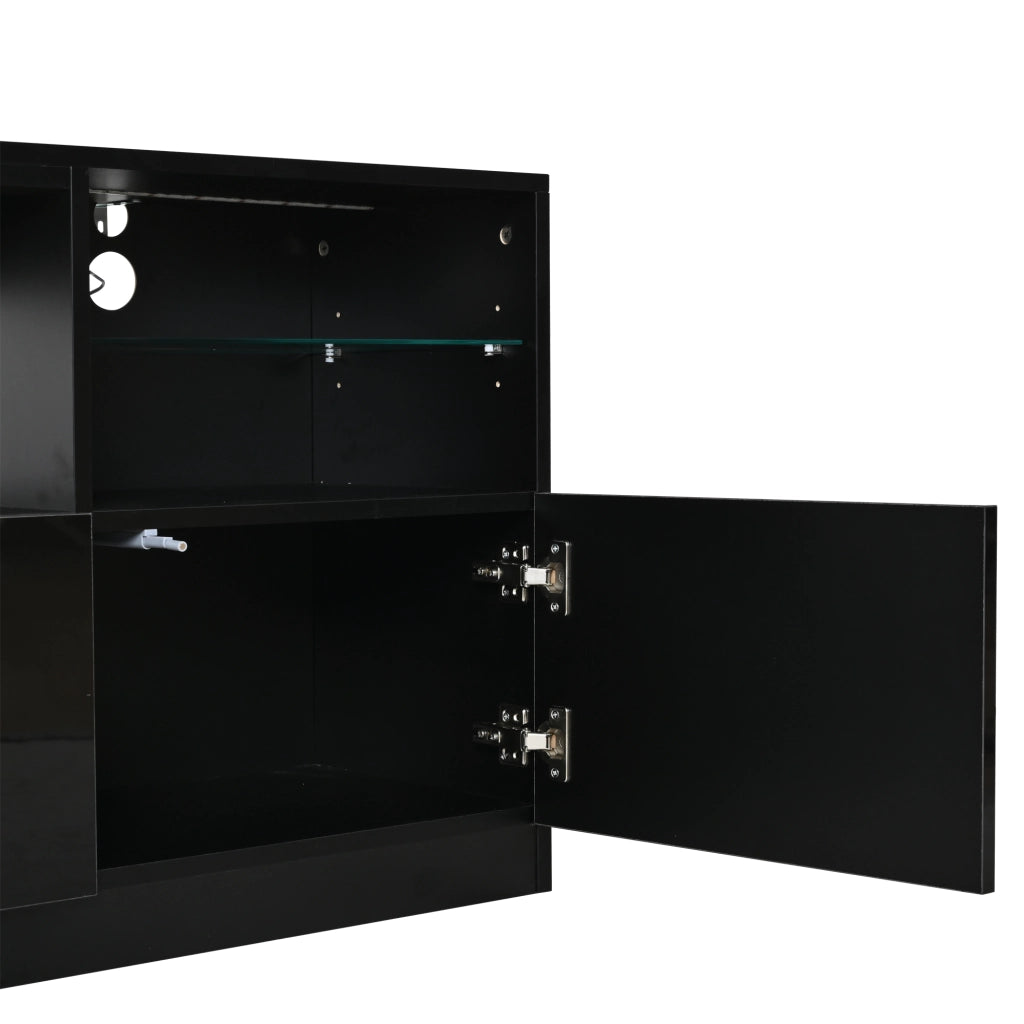 Mobile TV LED nero lucido 180 x 35 x 60 cm, per TV fino a 75 pollici, 4 ante a ribalta, 8 vani portaoggetti