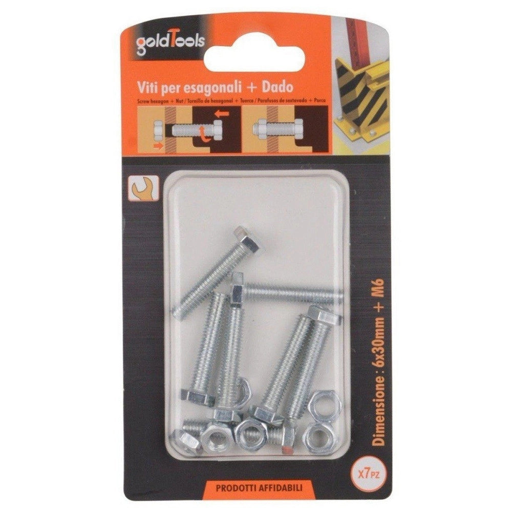 Trade Shop - Set 7pz Vite Viti Per Esterno A Testa Esagonali 6 X 30 Mm Con Dadi Dado M6 90916 -
