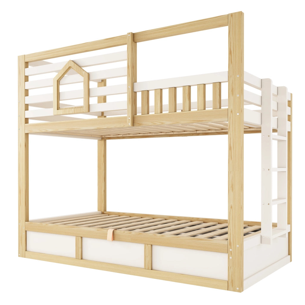 Letto a Castello 90 x 200 cm; 2 Posti - Contenitore e Scala - in Legno - Bianco e Rovere
