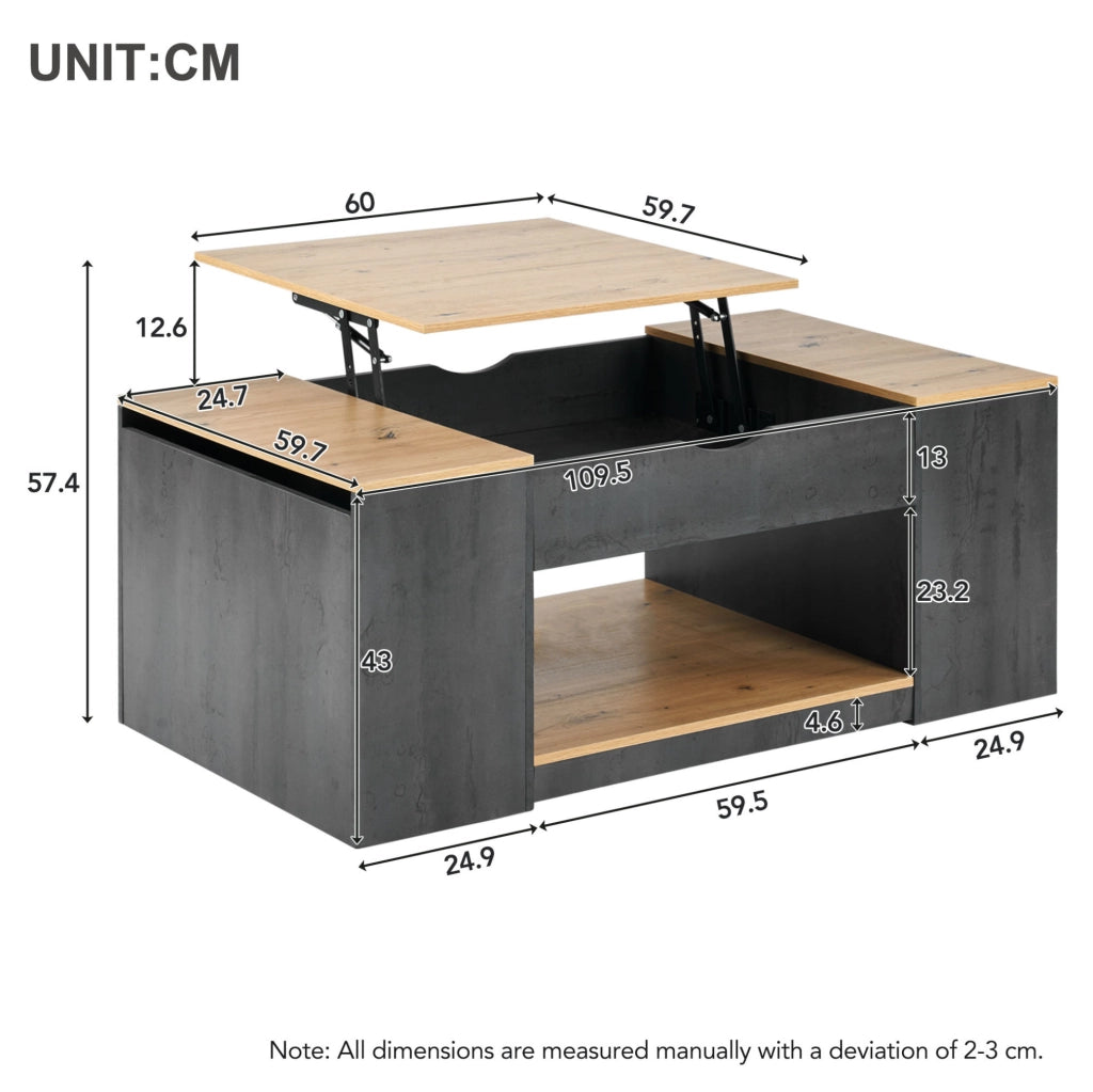 Tavolino da caffè sollevabile 109;5 cm in MDF grigio e marrone effetto legno con vano contenitore
