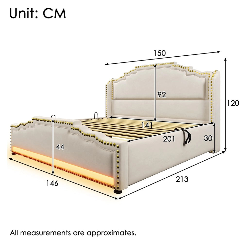 Letto Imbottito Contenitore 140x200 con Materasso ¨C Xylo ¨C Velluto Beige, LED, Idraulico
