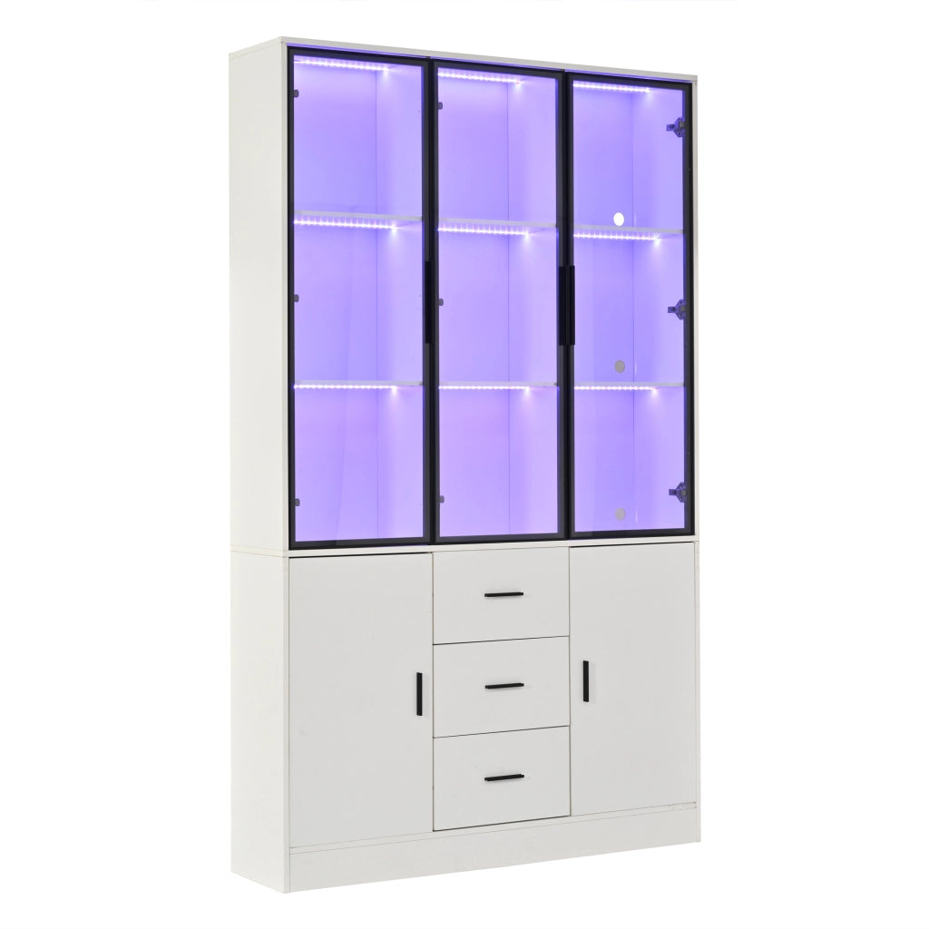 Vetrina alta con LED RGB, 5 ante, 3 cassetti, 13 scomparti, 120x30x200 cm, bianco
