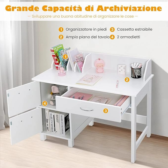 Set di Scrivania e Sedia per Bambini, Scrivania per Bambini con Cassetto e Armadietti, Ideale per Camera da Letto Sala Studio, 90,5 x 46 x 81 cm (bianco)