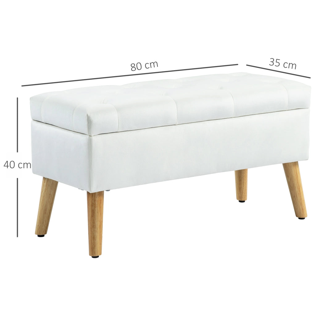 Panca contenitore imbottita con bottoni e spazio nascosto, in poliestere con gambe in legno, bianca 80 × 35 × 40 cm