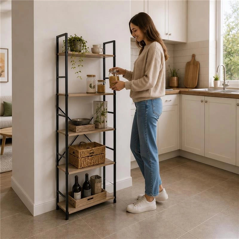 LIBRERIA STILE INDUSTRIAL A 5 RIPIANI IN LEGNO E METALLO DIMENSIONI 59X24X144CM - COLORE ROVERE