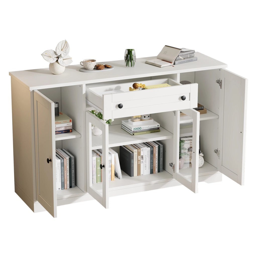 Credenza con 4 ante; 1 cassetto e 6 vani - per soggiorno e ingresso - in MDF e truciolare - bianco - 138×40×83 cm