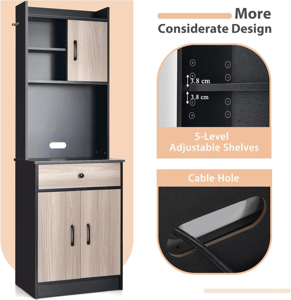 Armadio da Cucina Alto 180 cm, Credenza Alta da Cucina Multiuso, Mobile Buffet con Cassetto e Ripiani Regolabili, Mobiletto Cucina Salvaspazio Credenza, 60x40x180 cm, 2 Colori (Nero)