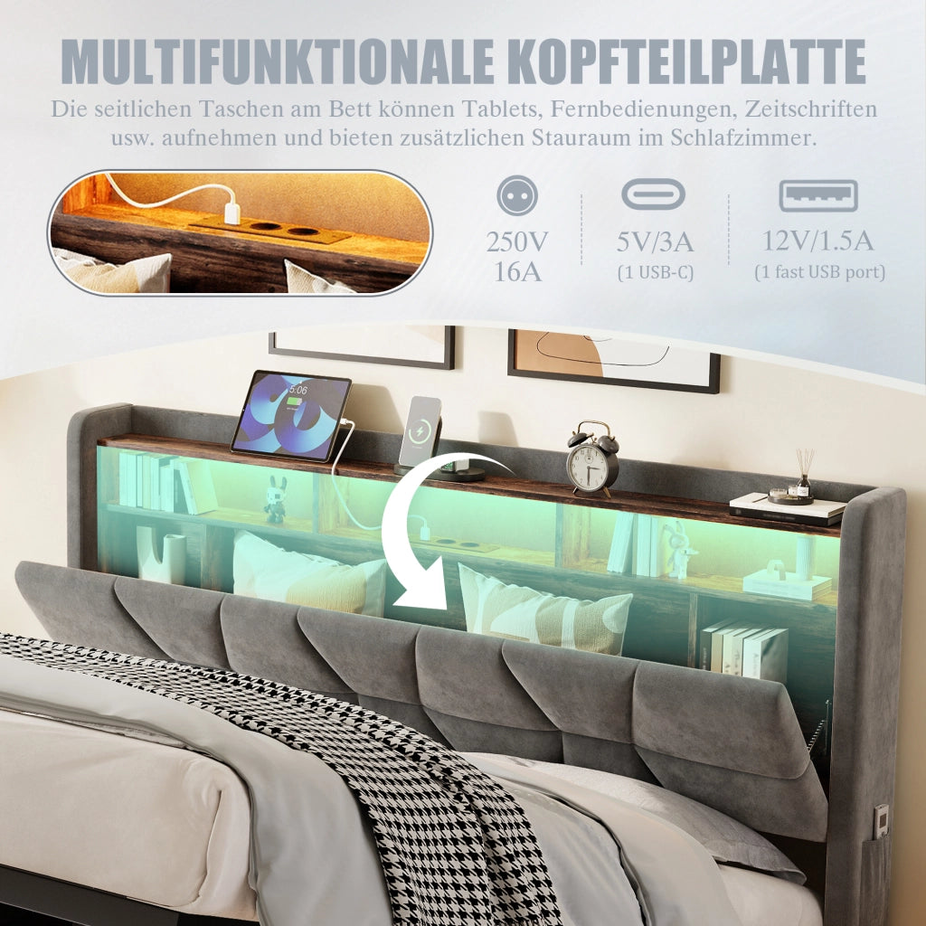 Letto contenitore 140 × 190 cm con LED, ripiani aperti, tasche laterali e USB Type-C, senza materasso, grigio scuro