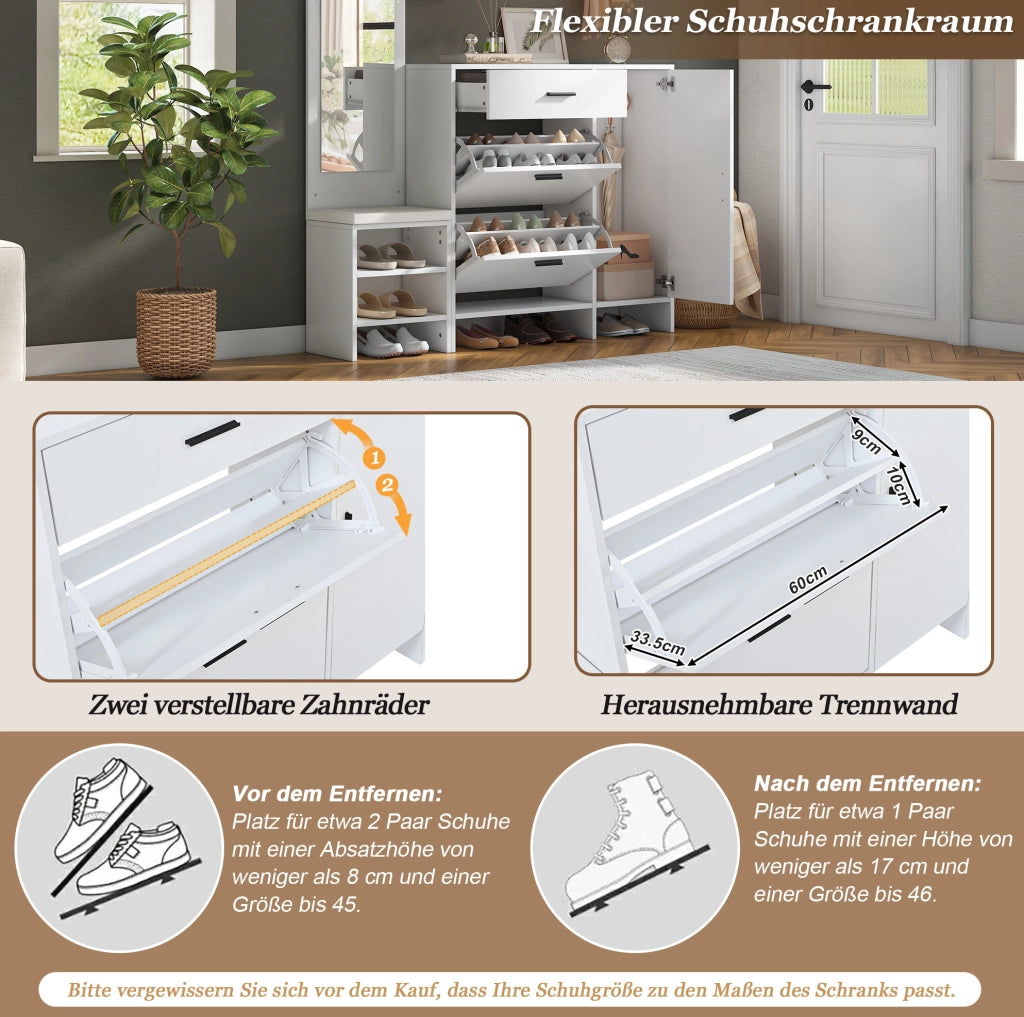 Mobile guardaroba da ingresso con panca, specchio e scarpiera, bianco, 140x30x200 cm