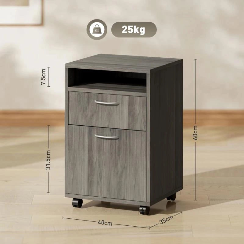 CASSETTIERA PORTADOCUMENTI A 4 RUOTE CON RIPIANO APERTO E CASSETTI, IN LEGNO E METALLO, 40X35X60 CM, GRIGIO