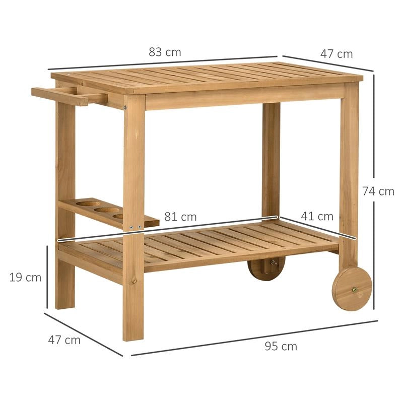 CARRELLO PORTAVIVANDE DA GIARDINO IN LEGNO CON 2 RIPIANI E PORTABOTTIGLIE, 95X47X74 CM, COLOR LEGNO