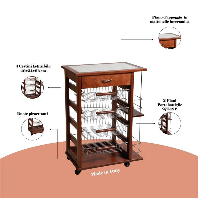 CARRELLO VESUVIO CON CASSETTO + PORTABOTTIGLIE CILIEGIO IN FAGGIO E BASE INFERIORE MULTISTRATO DI BETULLA 1 CASSETTO 4 CESTELLI