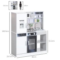 Set Cucina Giocattolo in Legno con Fornello, Luci e Suoni, Lavello con Circolo d'Acqua e Accessori, Bianco