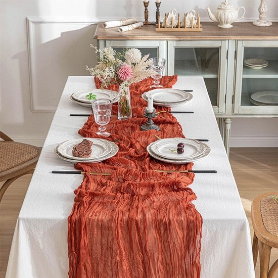 Tavolo Runner in Tulle 90x300cm - Tovaglia a Pieghettature - Stile Country Bohemiano per la Decorazione del Tavolo - Tovaglia in Juta - Decorazione per la Casa - Adatto per Feste e Partite
