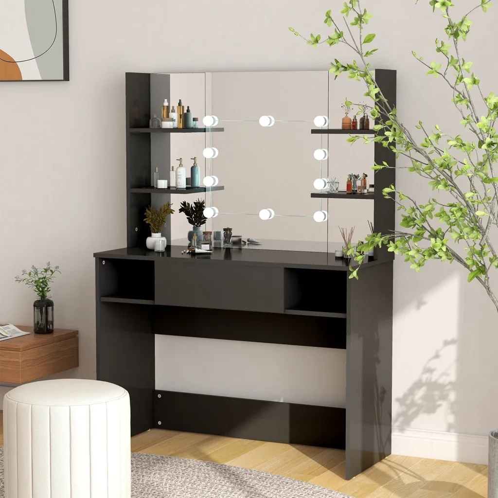 Toeletta | Tavolo da Trucco con Luci LED 100x40x135 cm in MDF Nera