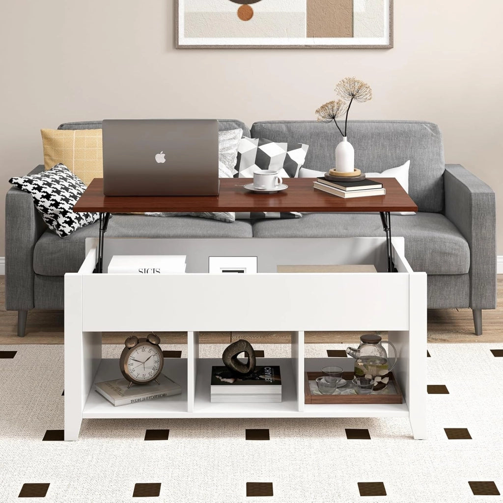 Tavolino da Caffè di Legno con Superficie Sollevabile, Tavolino Rettangolare da Divano con 3 Mensole Aperte, Mobile Multifunzionale per Salone e Ufficio, 104,5 x 49 x 62,5 cm (Bianco)