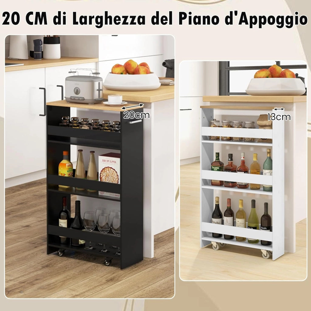 Carrello da Cucina a 4 Ripiani, Carrello in Legno con 4 Ruote Universali, Carrello Scaffale Stretto Salvaspazio con Manico per Bagno, Ufficio, Officina, 47,5 x 20 x 80,5 cm (Nero)