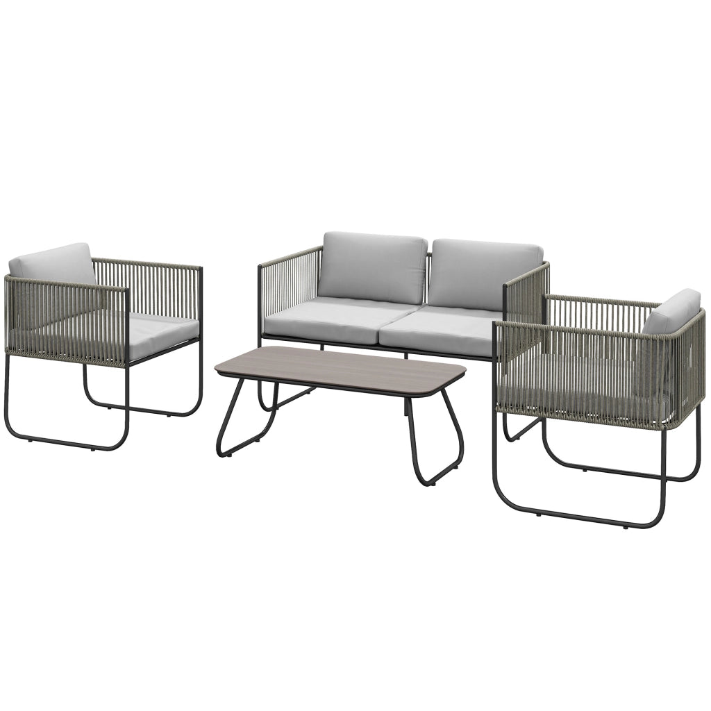 Set da Giardino in Polyrattan con Divanetto 2 Posti, 2 Poltrone e Tavolino in Vetro, Cuscini Grigio ¨C Zephmum
