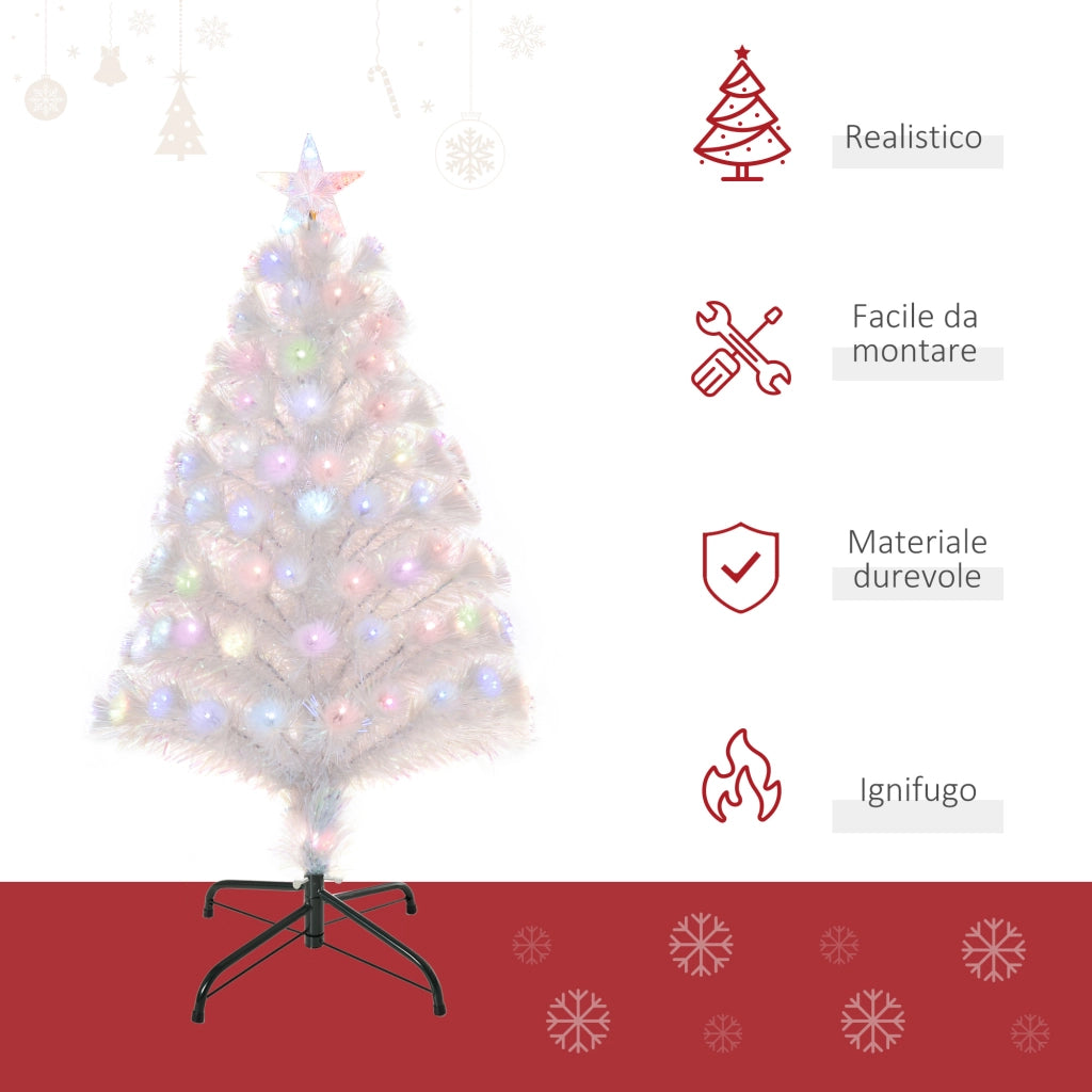 Easycomfort Albero di Natale Artificiale 90cm con 90 Luci LED Colorate e Fibre Ottiche, 90 Rami, Base in Metallo Pieghevole, Bianco