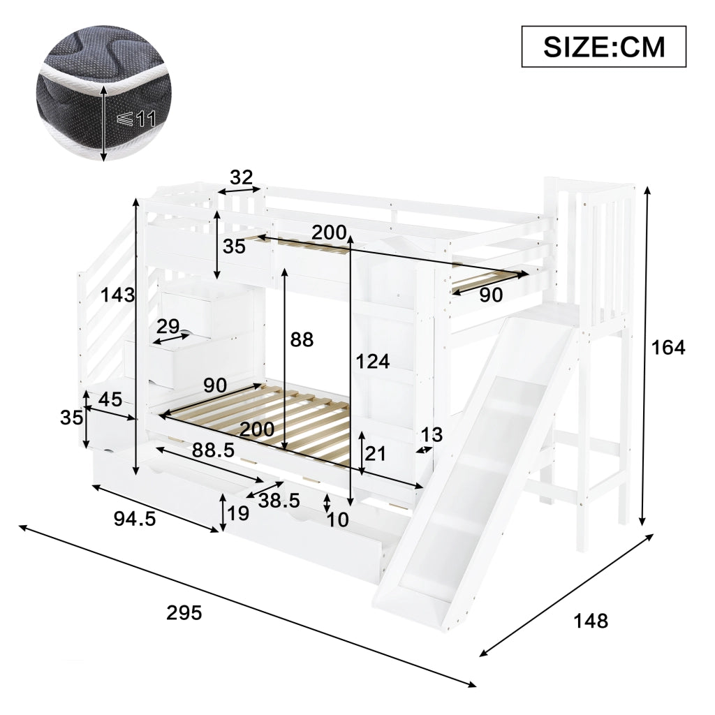Letto a Castello 90x200 cm - Scivolo; Scaffale e 2 Cassetti - in Legno e MDF - Bianco