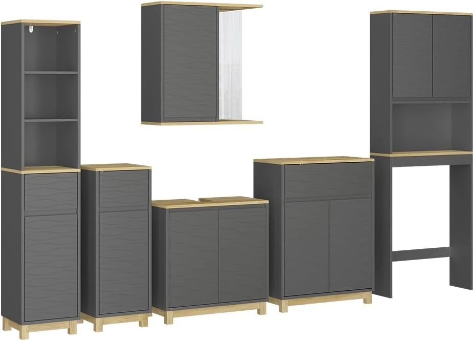 Set di mobili da bagno Livia, Antracite/quercia, 6 parti