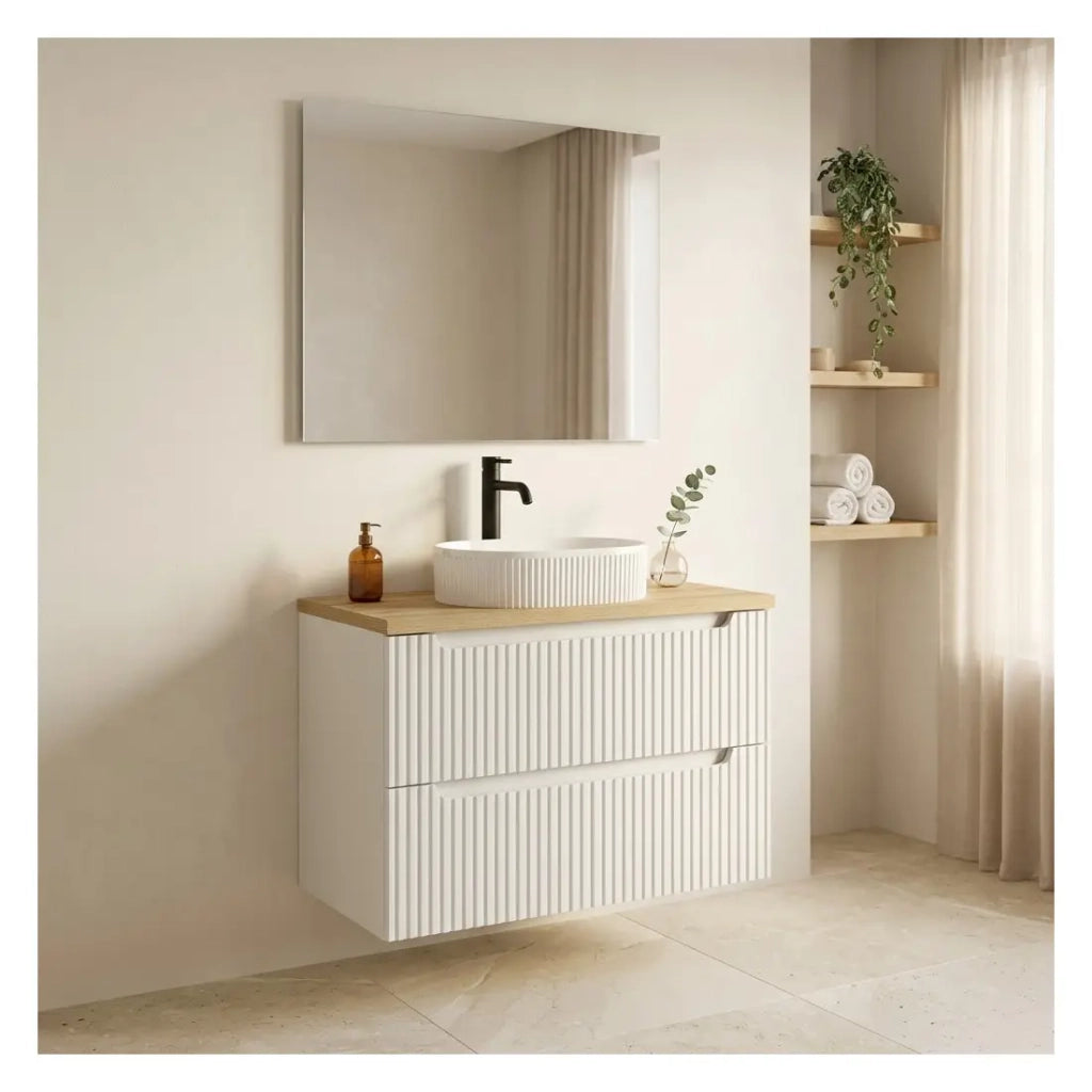 Set da bagno VANO bianco 80cm: mobile sottolavabo con cassetti + piano per lavabo + lavabo da appoggio bianco scanalato