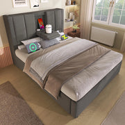Letto imbottito-Xylo-90x200cm porta-bicchiere USB idraulico lino grigio senza materasso