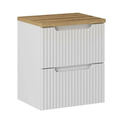 Set da bagno VANO bianco 50cm: mobile sottolavabo con cassetti scanalati + piano per lavabo effetto rovere chiaro