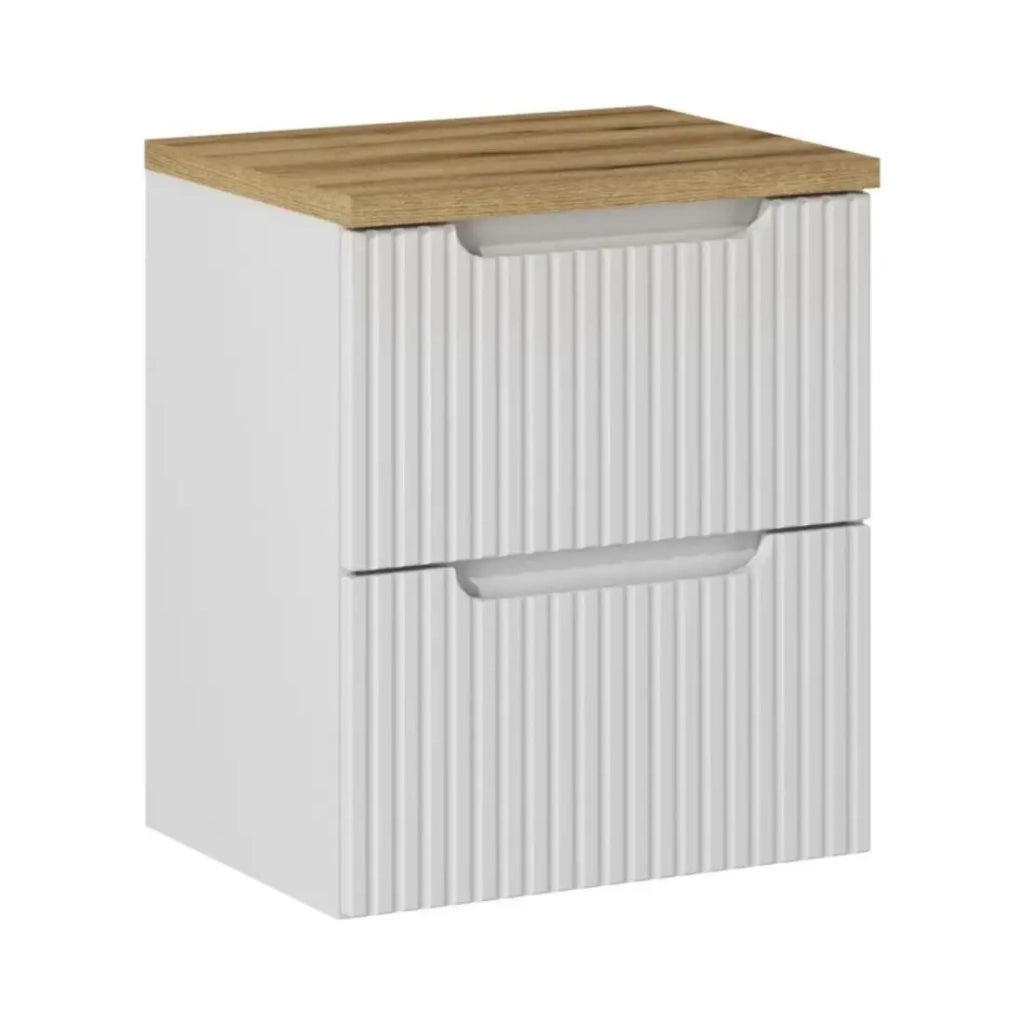 Set da bagno VANO bianco 50cm: mobile sottolavabo con cassetti scanalati + piano per lavabo effetto rovere chiaro