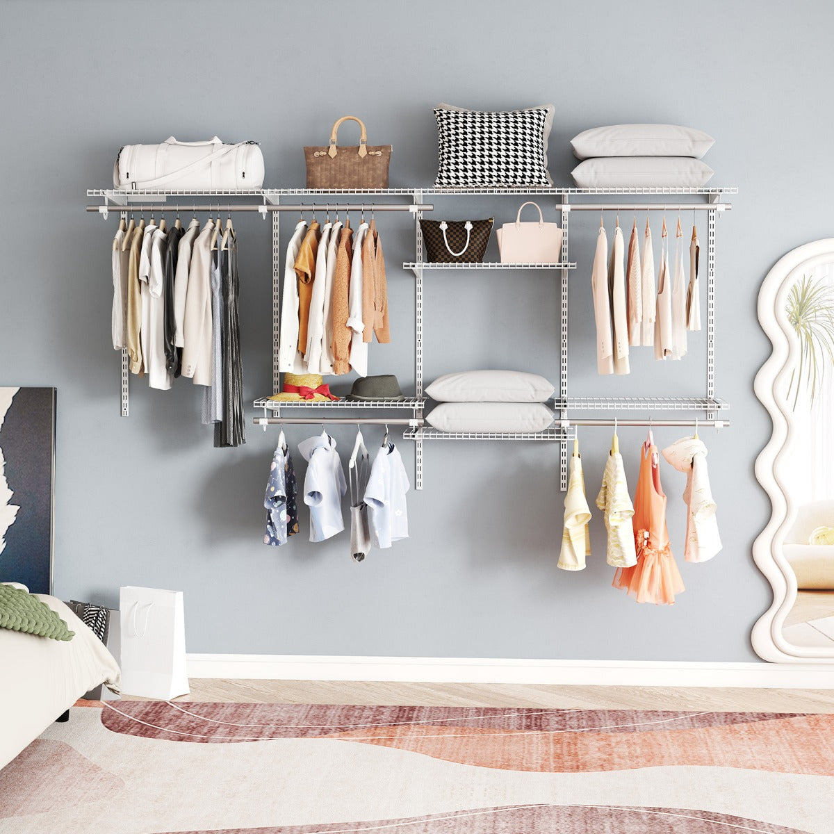 Sistema di organizzazione e stoccaggio armadi con asta pendente, Scaffali e aste per armadio a parete per camera da letto Bianco-Appendiabiti