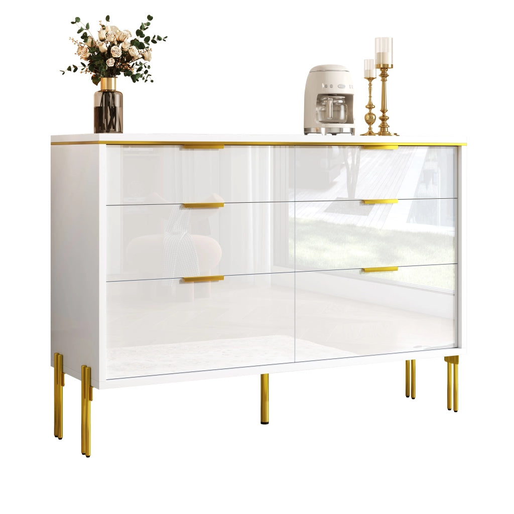 Credenza con 6 Cassetti e Maniglie Dorate; Frontali Lucidi; Stile Moderno; in Pannello Truciolare; Bianco; 120??40??85;5 cm