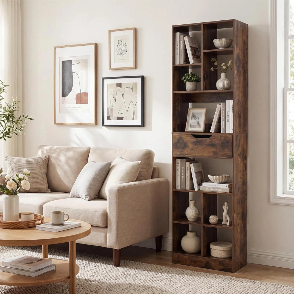 Libreria Verticale con 8 Cubi, 2 Ripiani e 1 Cassetto, Scaffale Libreria con 2 Dispositivi Antiribaltamento, Espositore Multiuso per Libri, Riviste e Dischi in Vinile, 50x24x180 cm