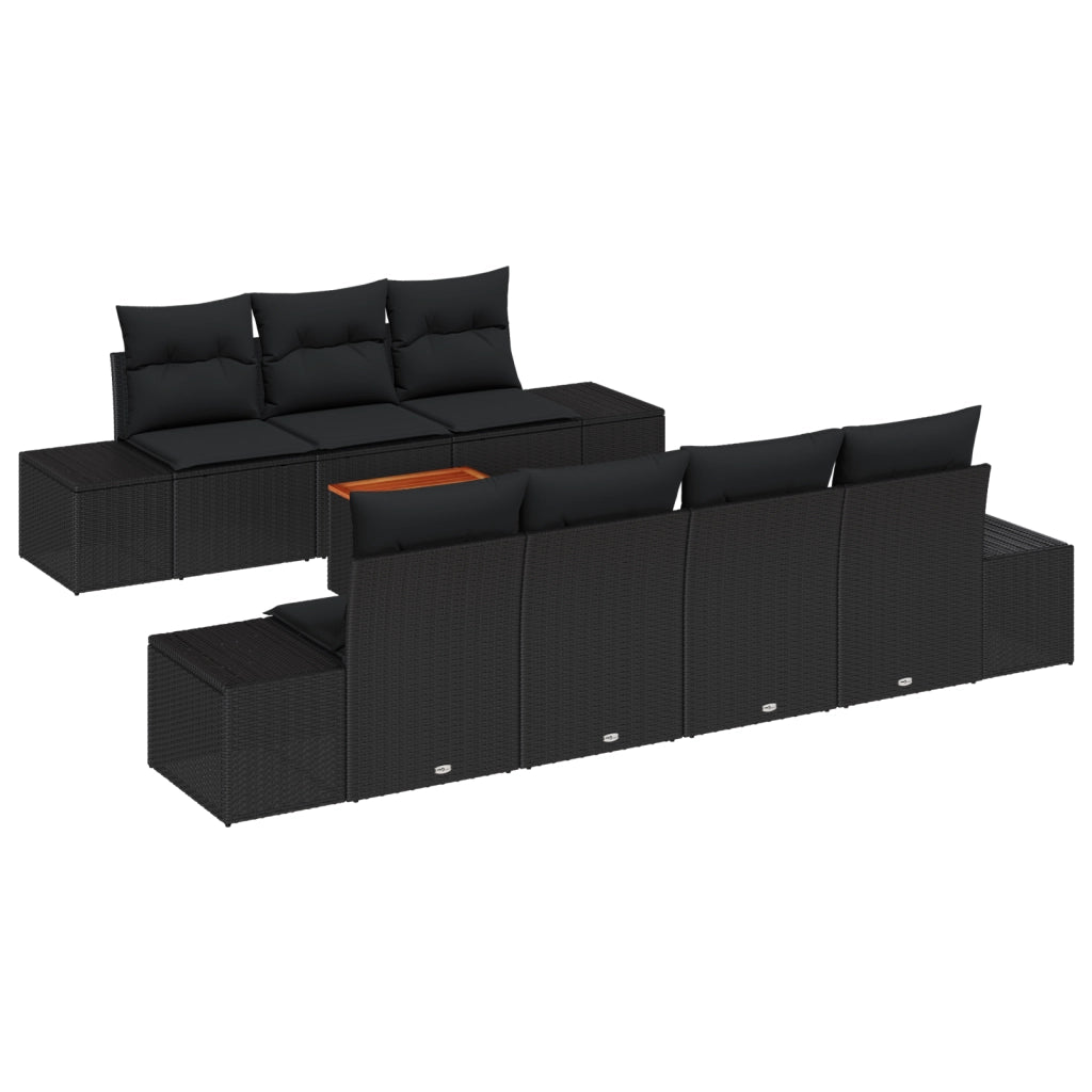Set di divani da giardino 8 pezzi con cuscini neri in polyrattan Acacia