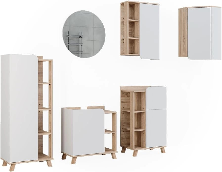 Set di mobili da bagno Karen, Sonoma/Bianco, 60 cm, composto da specchio, pensile, pensile angolare, armadio medio, base lavabo e base