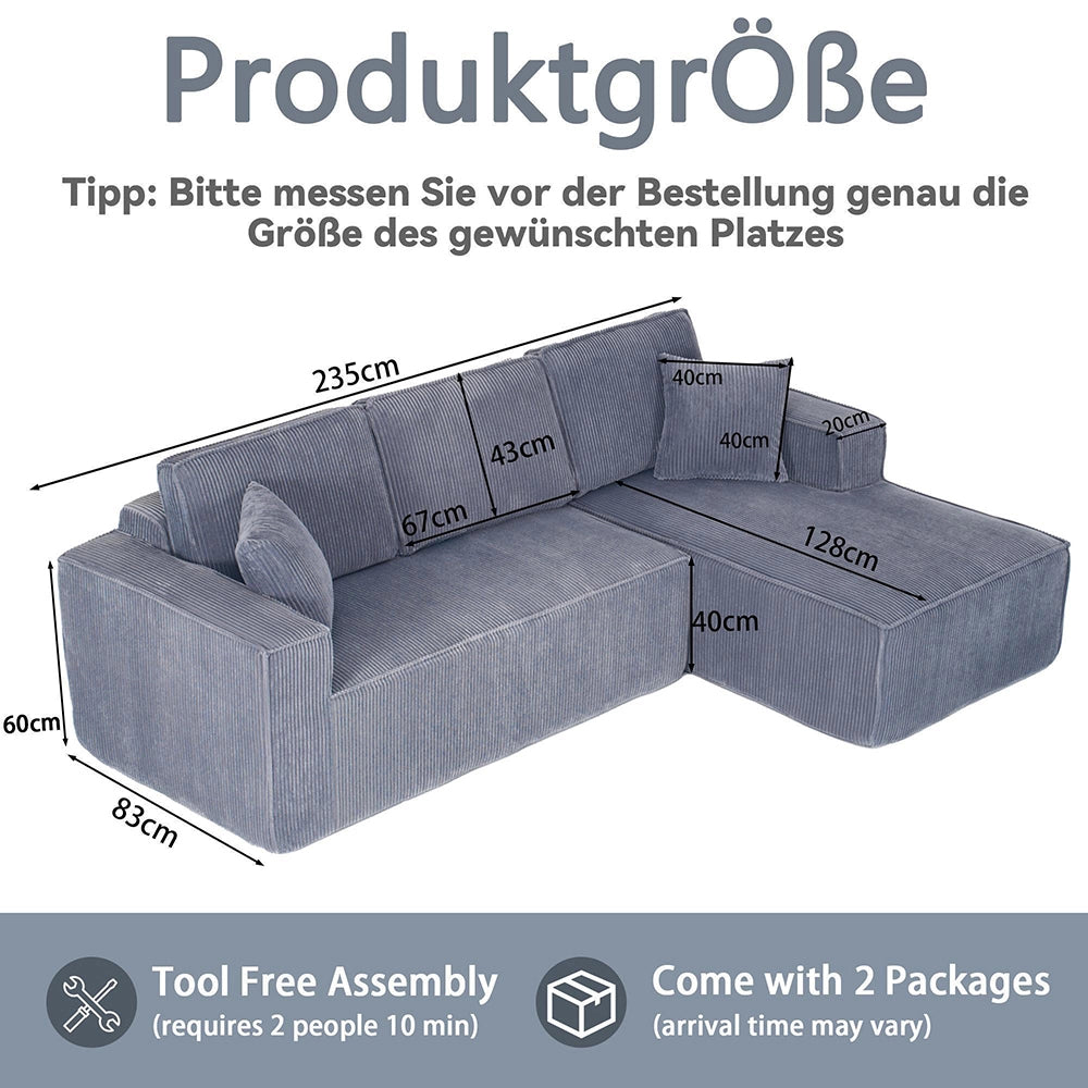 Divano angolare in velluto costato - Xylo - 2 posti + chaise longue, schiuma ad alta densit¨¤, grigio