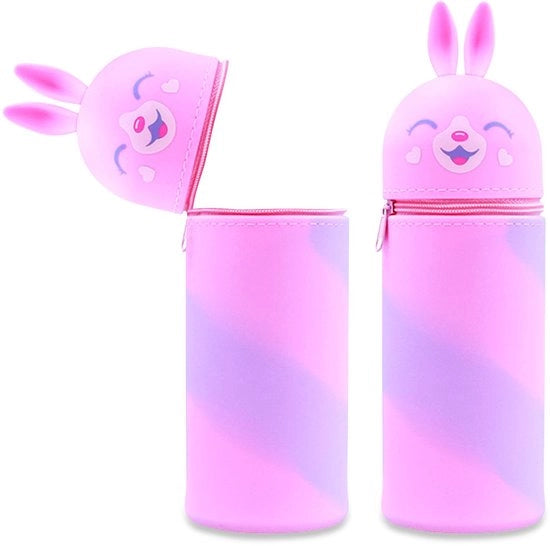 MPXEAVG 2-in-1 borsa di silicone morbida, etui kawaii, astuccio per pennarelli, astuccio in piedi, giocattoli scolastici per bambina bambino (coniglio colorato)