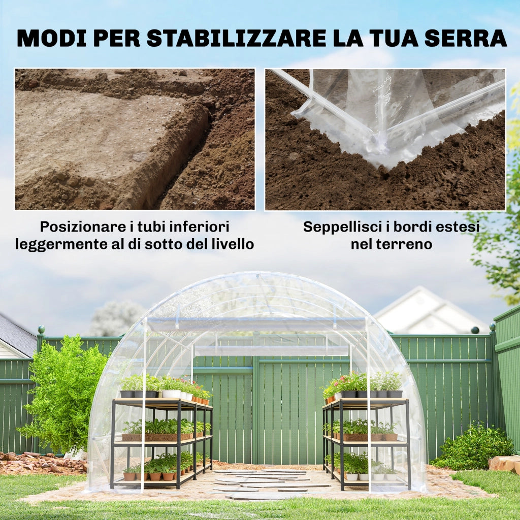 Serra a Tunnel 3x4x2 m con Porte Avvolgibili Telaio in Acciaio e Copertura in PE Anti-UV Trasparente