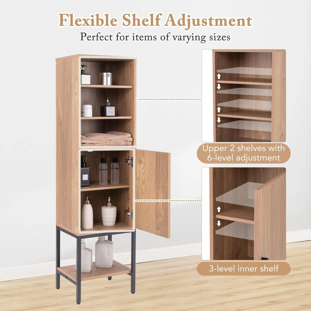 Colonna da Bagno con Armadio a Ante, Mobile Alto da Bagno a 6 Livelli, Ripiano Regolabile, Armadio Portaoggetti per Soggiorno, WC, Cucina, 38 x 30 x 145 cm (Naturale)