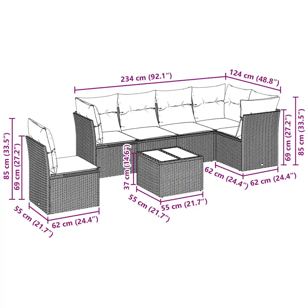 Set Divani da Giardino 7pz con Cuscini Grigio Chiaro Polyrattan