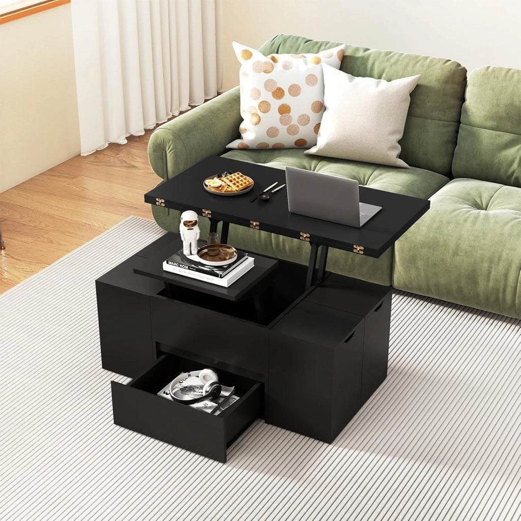 Tavolino con Piano Sollevabile e Pieghevole, Tavolino da Salotto 3 in 1 con 4 Sgabelli Contenitori, Scomparto Nascosto e Cassetto, Tavolo Rettangolare per 4-8 Persone (Nero)